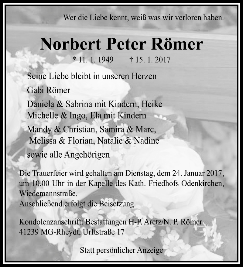  Traueranzeige für Norbert Peter Römer vom 22.01.2017 aus trauer.extra-tipp-moenchengladbach.de