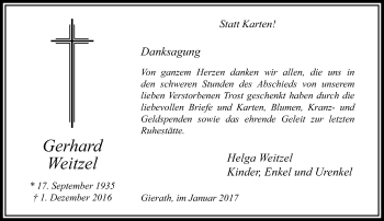 Traueranzeige von Gerhard Weitzel von trauer.stadt-kurier.de