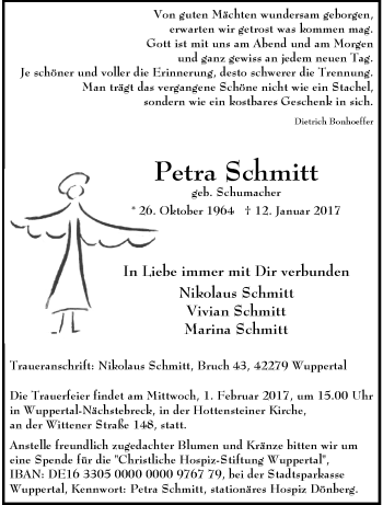 Traueranzeige von Petra Schmitt von trauer.wuppertaler-rundschau.de