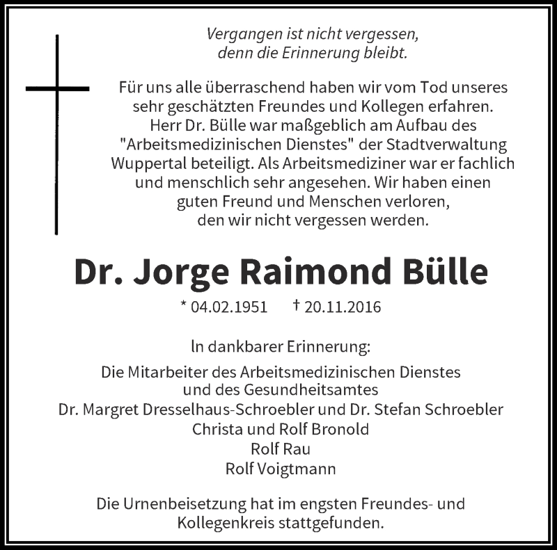  Traueranzeige für Jorge Raimond Bülle vom 28.01.2017 aus trauer.wuppertaler-rundschau.de