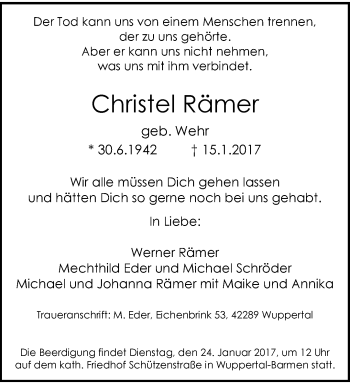 Traueranzeige von Christel Römer von trauer.wuppertaler-rundschau.de