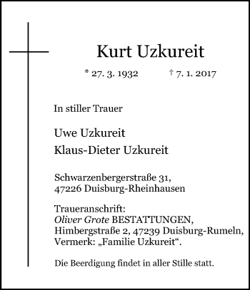 Traueranzeige von Kurt Uzkureit von trauer.stadt-panorame.de