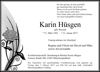 Traueranzeige von Karin Hüsgen von trauer.extra-tipp-moenchengladbach.de