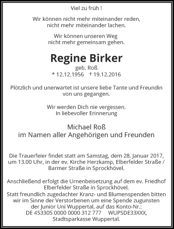 Traueranzeige von Regine Birker von trauer.wuppertaler-rundschau.de