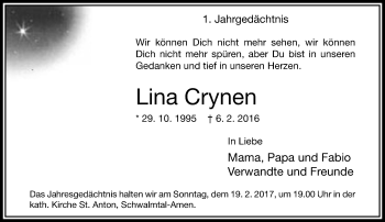 Traueranzeige von Lina Crynen von trauer.extra-tipp-moenchengladbach.de