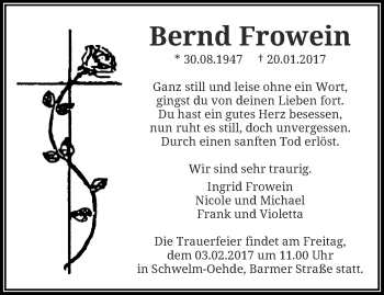 Traueranzeige von Bernd Frowein von trauer.wuppertaler-rundschau.de