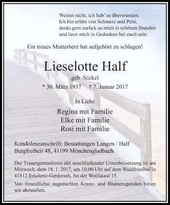 Traueranzeige von Lieselotte Half von trauer.extra-tipp-moenchengladbach.de