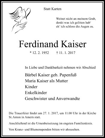 Traueranzeige von Ferdinand Kaiser von trauer.extra-tipp-moenchengladbach.de