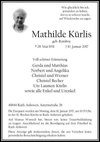 Traueranzeige von Mathilde Kürlis von trauer.extra-tipp-moenchengladbach.de