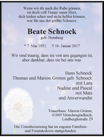 Traueranzeige von Beate Schnock von trauer.extra-tipp-moenchengladbach.de