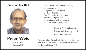 Traueranzeige von Peter Weis von trauer.extra-tipp-moenchengladbach.de