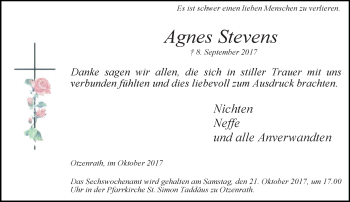 Traueranzeige von Agnes Stevens von trauer.stadt-kurier.de