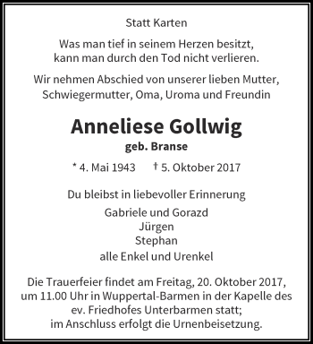 Traueranzeige von Anneliese Gollwig von trauer.wuppertaler-rundschau.de