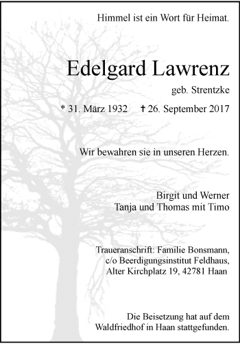 Traueranzeige von Edelgard Lawrenz von trauer.wuppertaler-rundschau.de