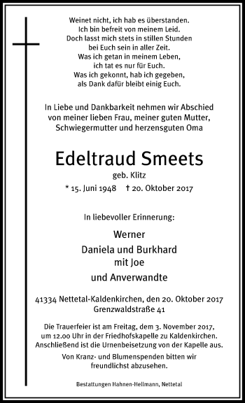 Traueranzeige von Edeltraud Smeets von trauer.extra-tipp-moenchengladbach.de