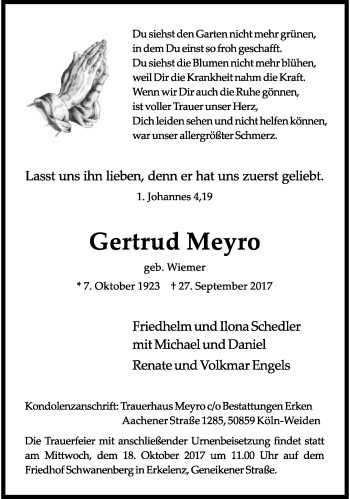 Traueranzeige von Gertrud Meyro von trauer.extra-tipp-moenchengladbach.de