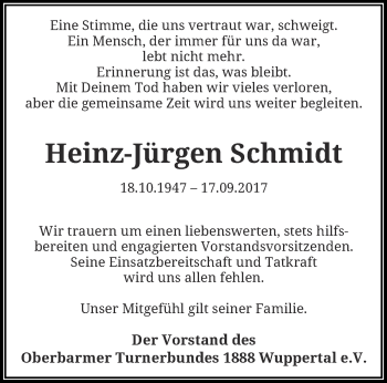 Traueranzeige von Heinz-Jürgen Schmidt von trauer.wuppertaler-rundschau.de