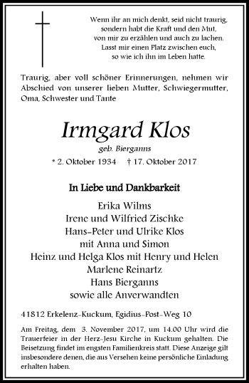 Traueranzeige von Irmgard Klos von trauer.extra-tipp-moenchengladbach.de