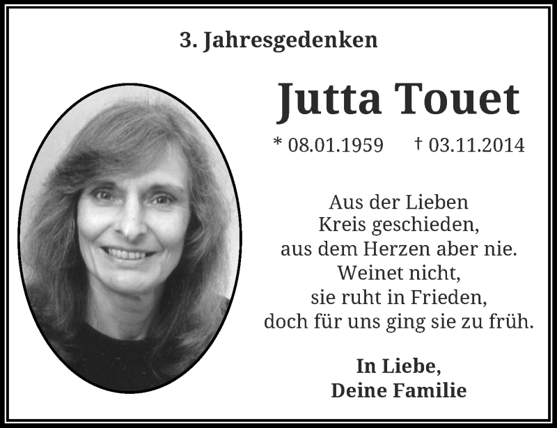  Traueranzeige für Jutta Touet vom 04.11.2017 aus trauer.wuppertaler-rundschau.de