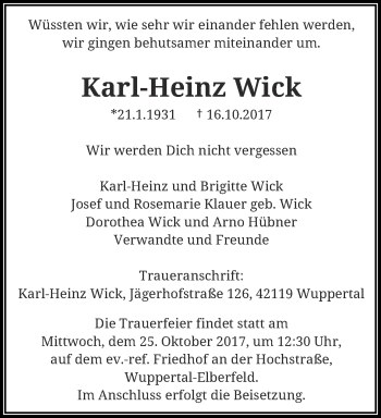 Traueranzeige von Karl-Heinz Wick von trauer.wuppertaler-rundschau.de