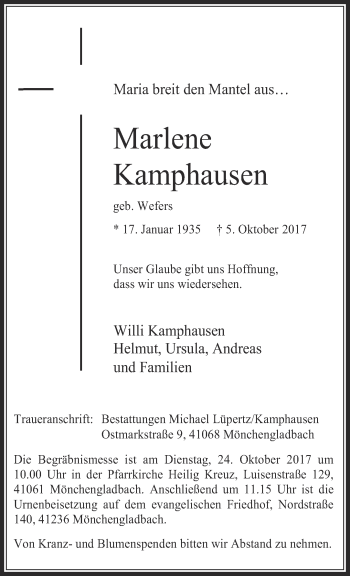 Traueranzeige von Marlene Kamphausen von trauer.extra-tipp-moenchengladbach.de