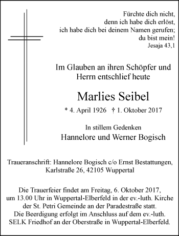 Traueranzeige von Marlies Seibel von trauer.wuppertaler-rundschau.de