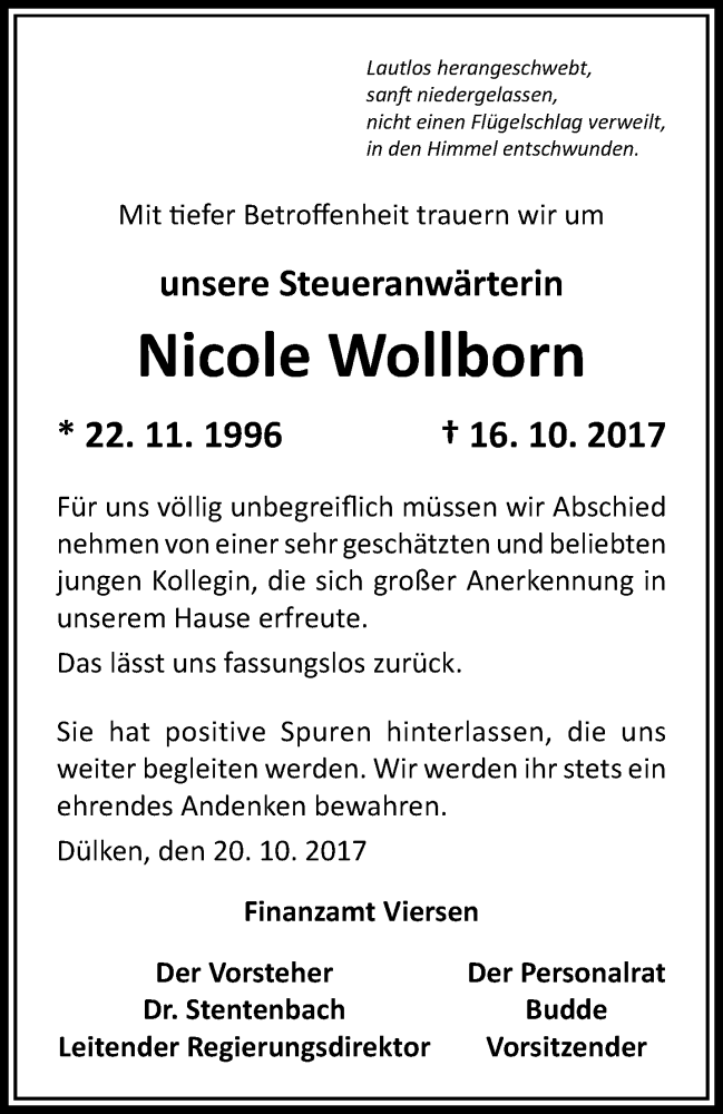  Traueranzeige für Nicole Wollborn vom 22.10.2017 aus trauer.extra-tipp-moenchengladbach.de