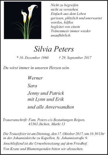 Traueranzeige von Silvia Peters von trauer.stadt-kurier.de