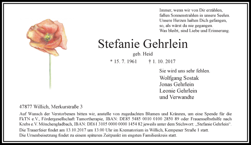  Traueranzeige für Stefanie Gehrlein vom 11.10.2017 aus trauer.extra-tipp-moenchengladbach.de