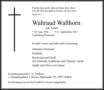 Traueranzeige von Waltraud Wallhorn von trauer.extra-tipp-moenchengladbach.de