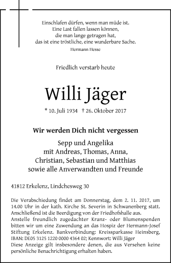 Traueranzeige von Willi Jäger von trauer.extra-tipp-moenchengladbach.de