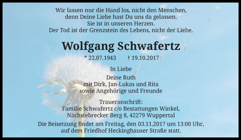  Traueranzeige für Wolfgang Schwafertz vom 28.10.2017 aus trauer.wuppertaler-rundschau.de