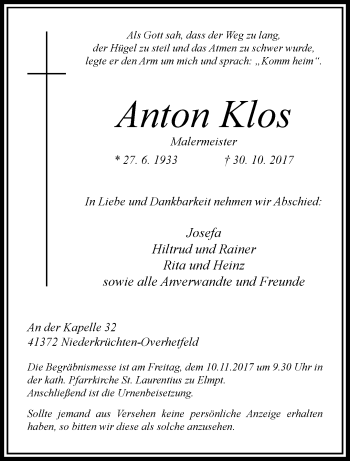 Traueranzeige von Anton Klos von trauer.extra-tipp-moenchengladbach.de