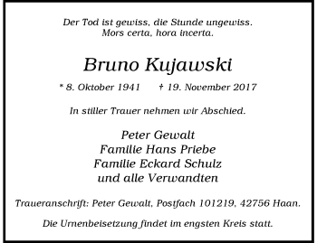 Traueranzeige von Bruno Kujawski von trauer.wuppertaler-rundschau.de