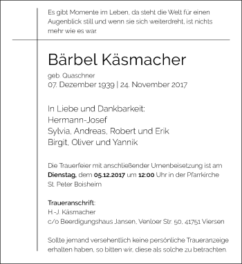 Traueranzeige von Bärbel Käsmacher von trauer.extra-tipp-moenchengladbach.de