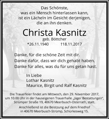 Traueranzeige von Christa Kasnitz von trauer.mein.krefeld.de