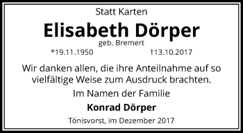 Traueranzeige von Elisabeth Dörper von trauer.mein.krefeld.de