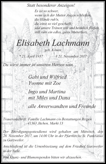 Traueranzeige von Elisabeth Lachmann von trauer.stadt-kurier.de