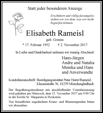 Traueranzeige von Elisabeth Rameisl von trauer.extra-tipp-moenchengladbach.de