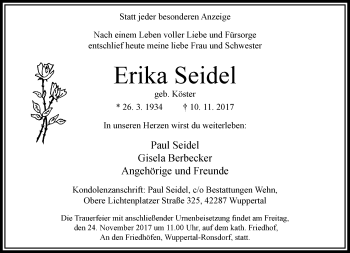Traueranzeige von Erika Seidel von trauer.wuppertaler-rundschau.de