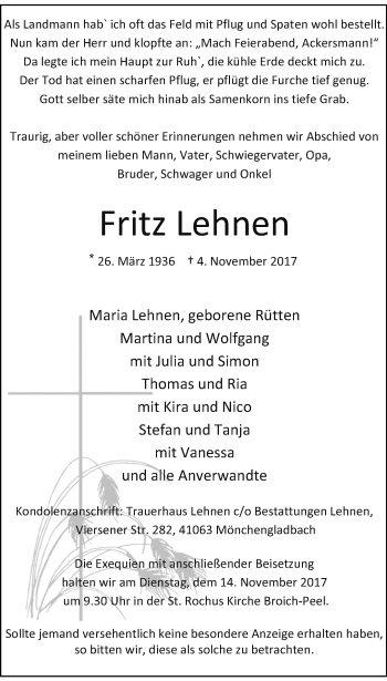 Traueranzeige von Fritz Lehnen von trauer.extra-tipp-moenchengladbach.de