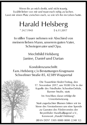 Traueranzeige von Harald Helsberg von trauer.wuppertaler-rundschau.de