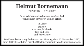 Traueranzeige von Helmut Bornemann von trauer.wuppertaler-rundschau.de