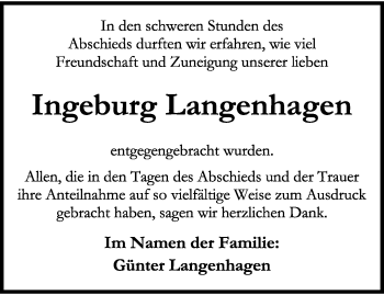 Traueranzeige von Ingeburg Langenhagen von trauer.wuppertaler-rundschau.de