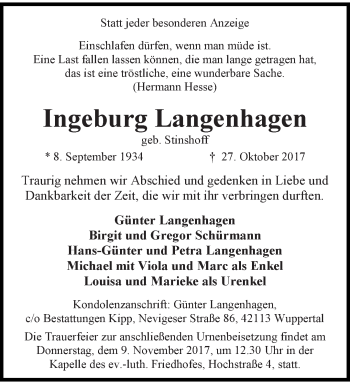 Traueranzeige von Ingeburg Langenhagen von trauer.wuppertaler-rundschau.de