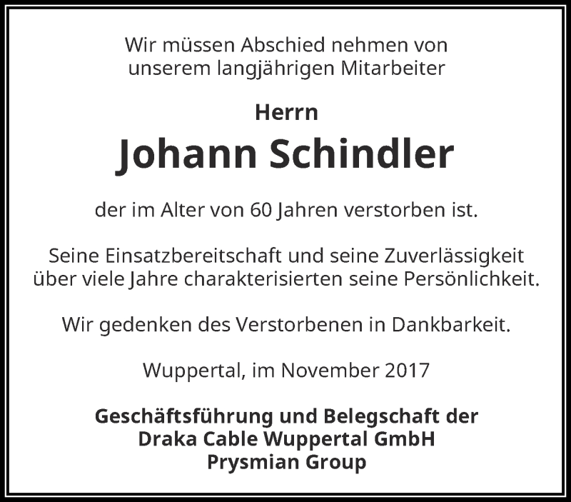  Traueranzeige für Johann Schindler vom 11.11.2017 aus trauer.wuppertaler-rundschau.de