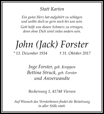 Traueranzeige von John Forster von trauer.extra-tipp-moenchengladbach.de