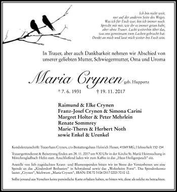 Traueranzeige von Maria Crynen von trauer.extra-tipp-moenchengladbach.de