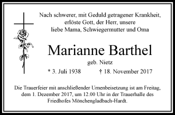 Traueranzeige von Marianne Barthel von trauer.extra-tipp-moenchengladbach.de