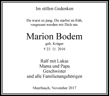 Traueranzeige von Marion Bodem von trauer.extra-tipp-moenchengladbach.de